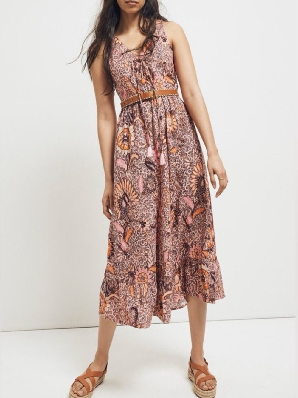 Madewell Lace-Up Ruffle Hem Midi Dress Bali Blooms Women Size 4